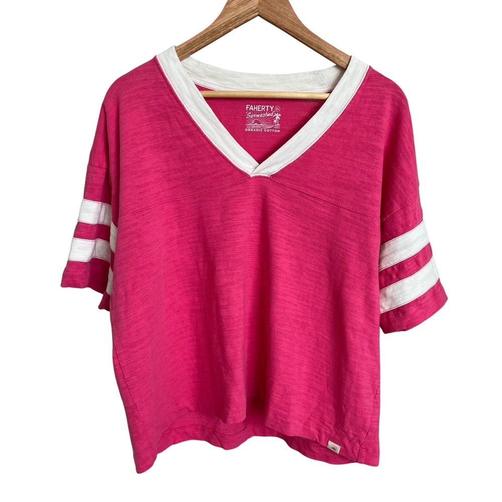 Faherty 100% Organic Cotton Hot Pink Sunwashed Slub Varsity V Neck Tee SZ XL - Picture 2 of 12